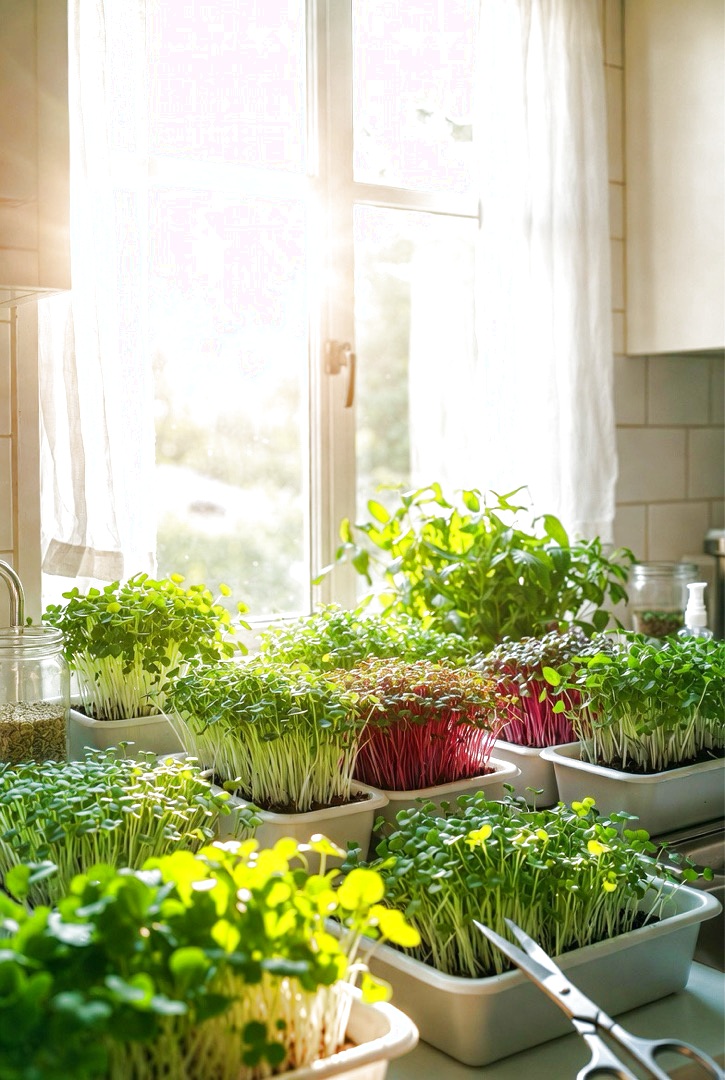 Microgreens and sprouts growing in trays on a bright windowsill